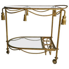 Midcentury Italian Gilt Metal Rope and Tassel Bar Tea Cart