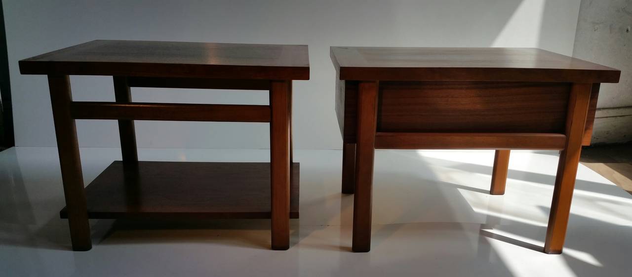 Stunning Modernist tables,,solid walnut construction,, beautiful graining,,Sleek ,simple arcitectural design..Matched set.one stand featuring two drawers,