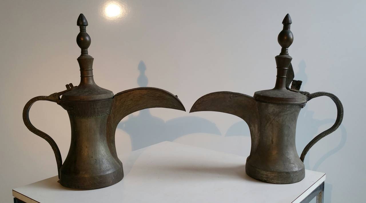 Unusual pair of early 20th century ewers,Turkish,,Middle Eastern,, Fabulous patina,Copper or Bronze,,Wonderful decorative objects,