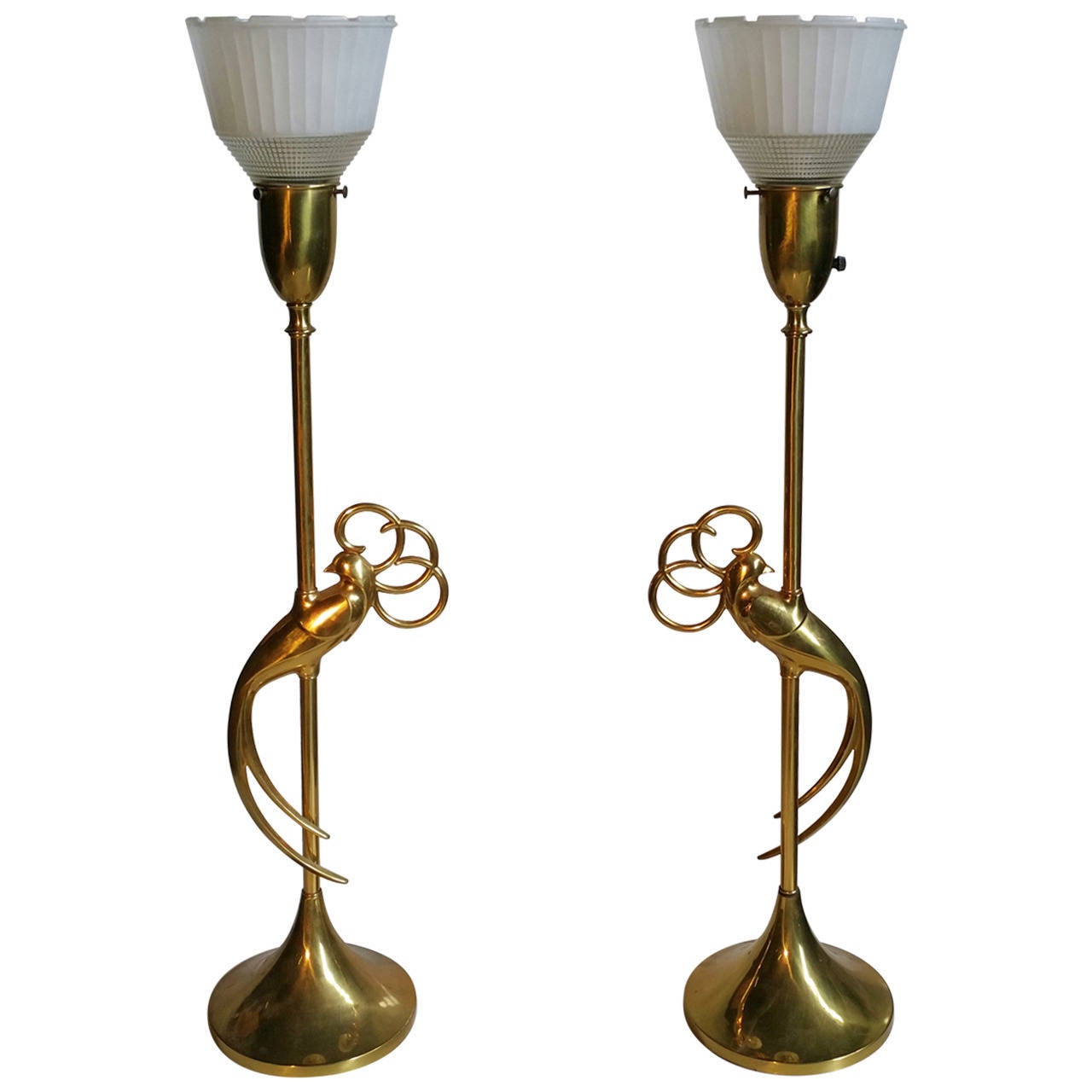 Pair of Brass Table Lamps with Stylized Exotic Bird at Center