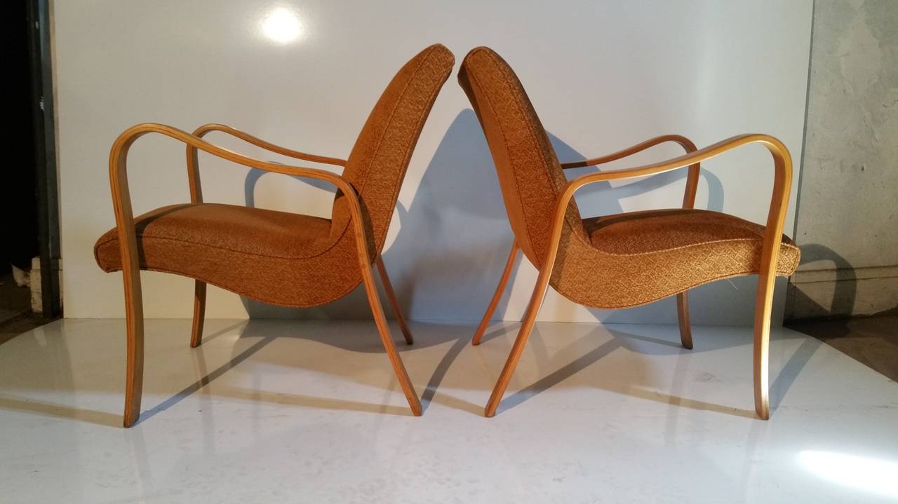 Fabric Pair of Classic Thonet Bentwood Modernist Lounge Chairs