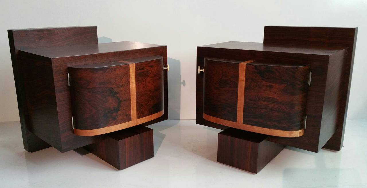 Inlay French Art Deco Stylized Rosewood Bedside Tables or Stands