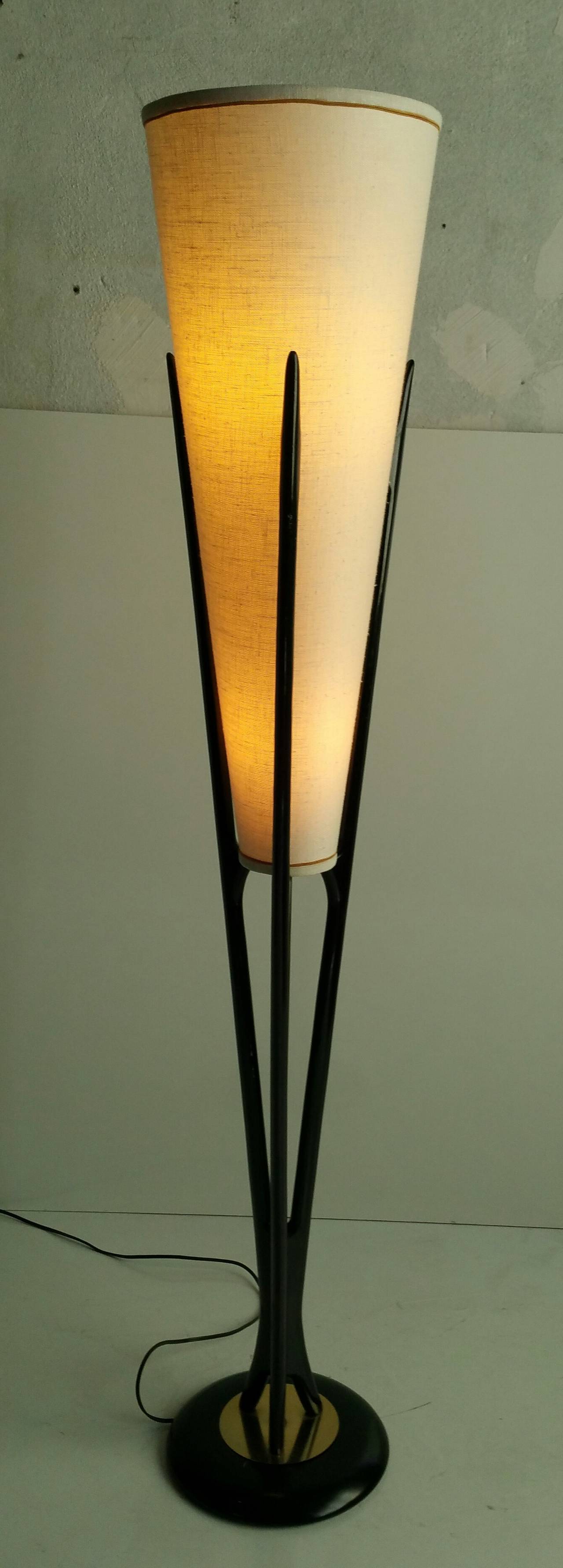 Classic Adrian Pearsall Floor Lamp... Original black lacquer,, also retains original cone shape linen shade,, Two-way light option,,