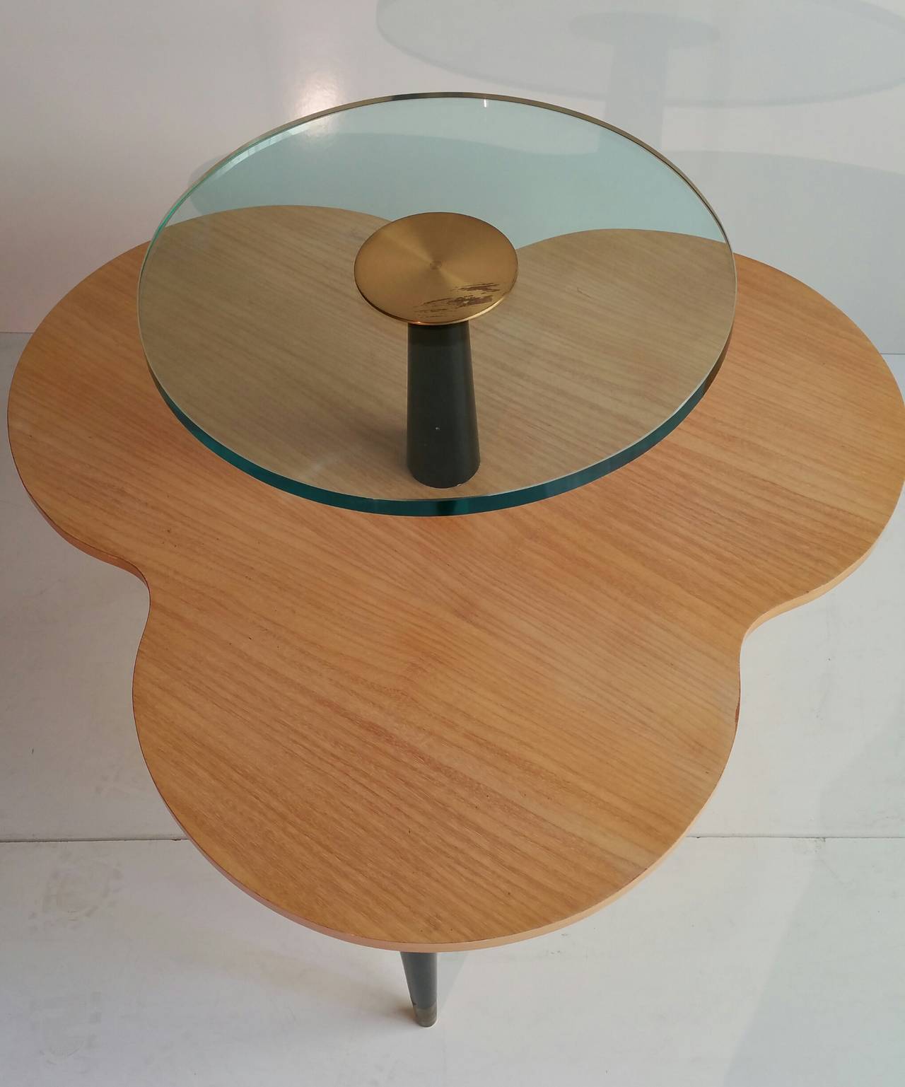 Lacquered Modern Wood and Glass Two-Tier Occasional Clover Table Designed by Gilbert Rohde