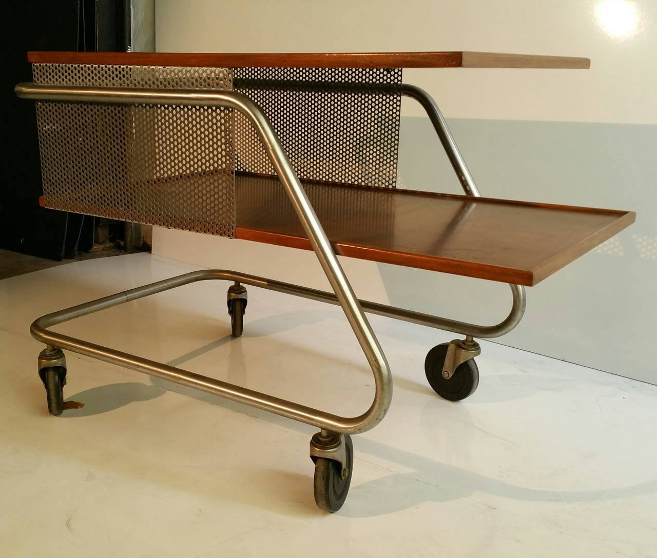 American Mid-Century Modern Aluminum and Wood, Industrial Trolly, Bar Cart For Sale