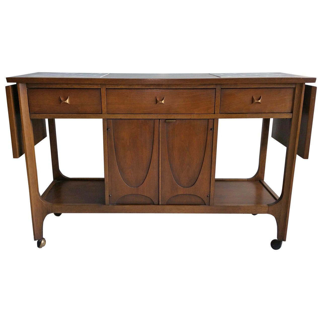 Broyhill Brasilia Walnut and Tile Serving or Bar Cart by Oscar Niemeyer