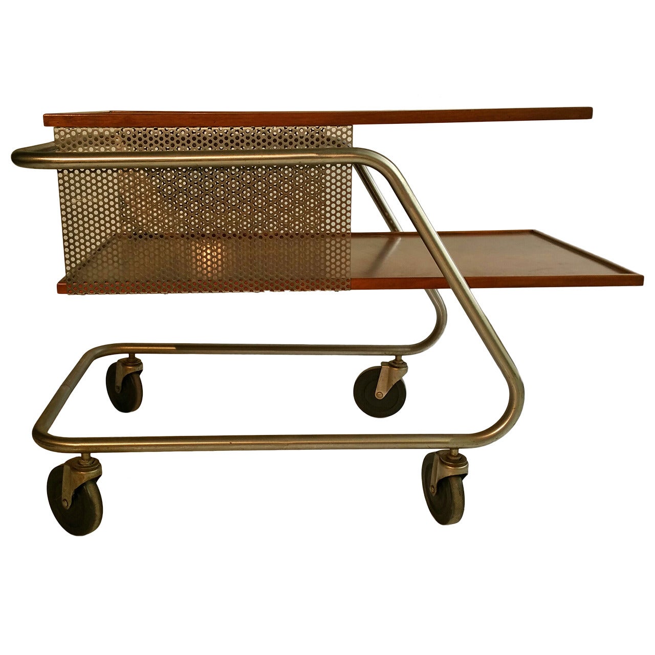 Mid-Century Modern Aluminum and Wood, Industrial Trolly, Bar Cart For Sale