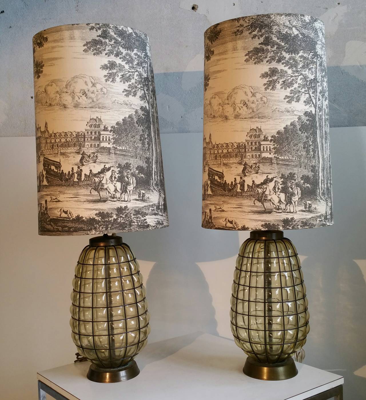 20th Century Pair of Blown Glass and Wire Lamps with Original Decorated Toile Fabric Shades