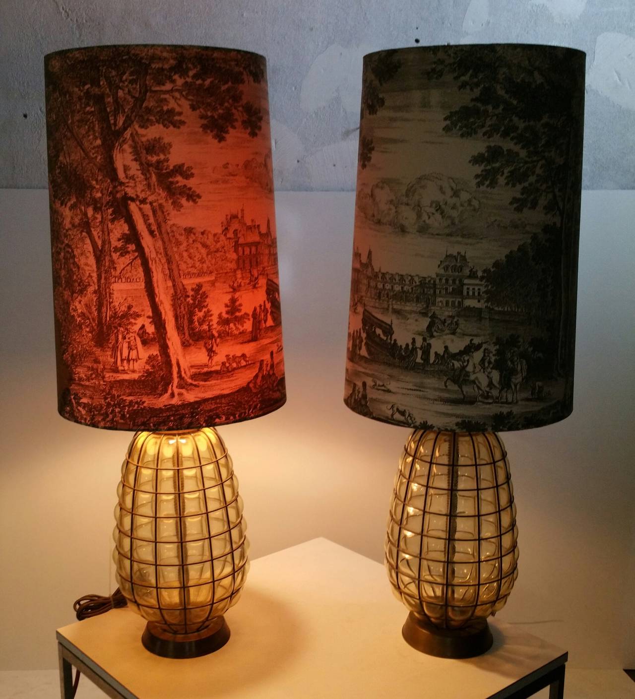 Elegant pair of Italian Blown Glass lamps,,unusual design and construction,, Retain origin decorated 