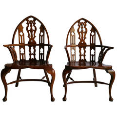 English Oak and Yew Wood Gothic Revival Windsor Armchairs