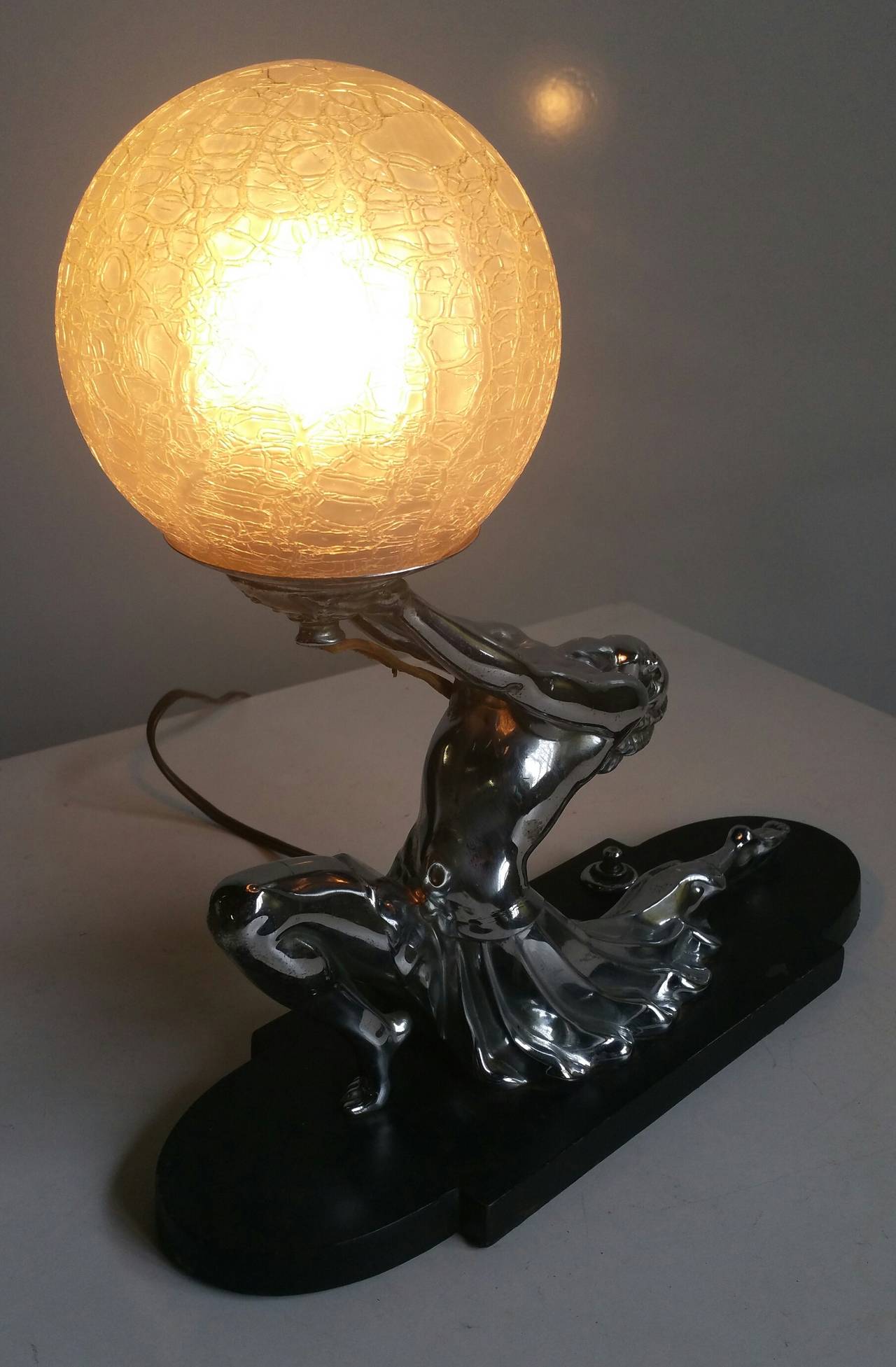 American Ronson Egyptian Moon Art Deco Figural Polished Chrome Lamp