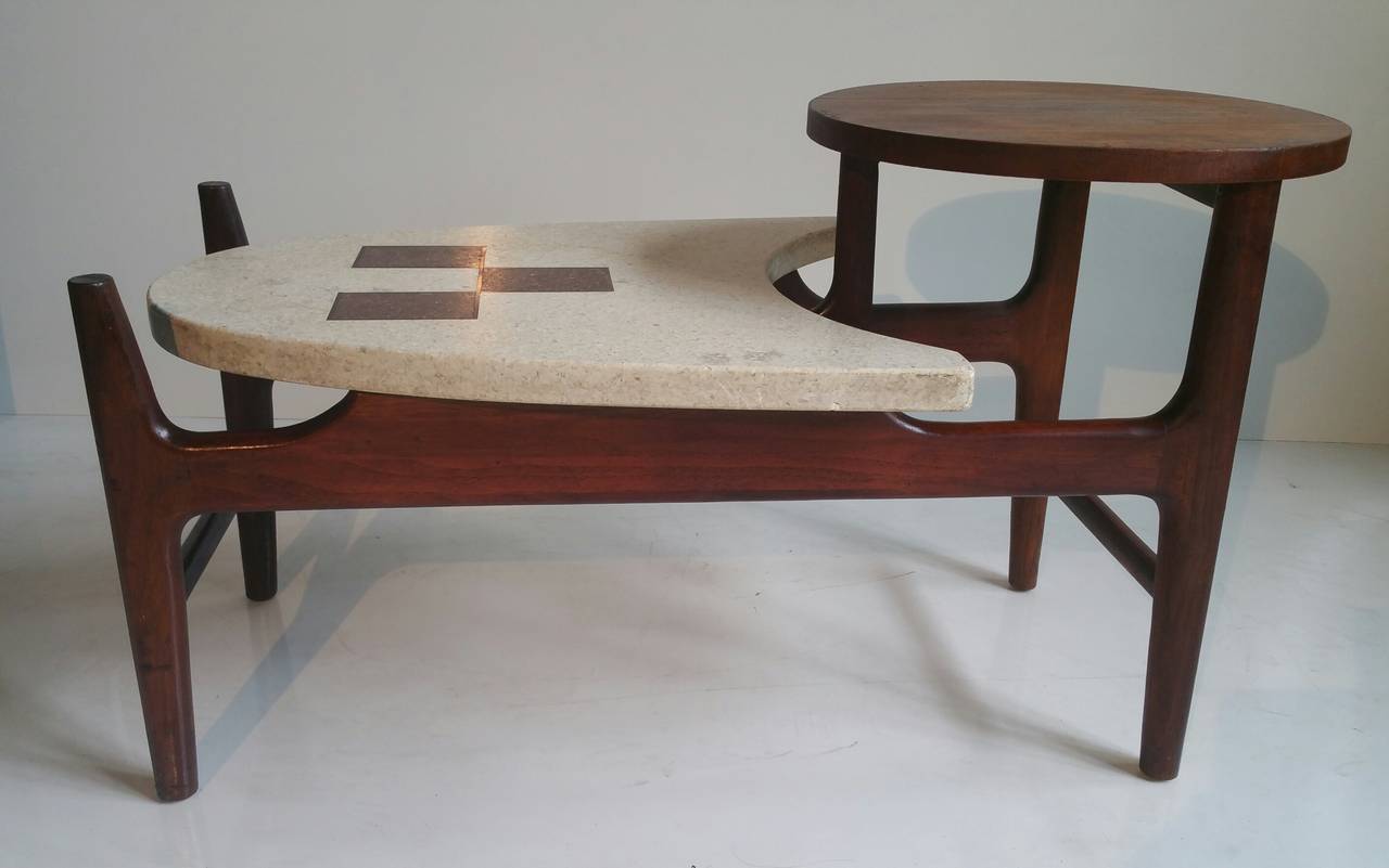 American Rare Two-Tier Terrazzo and Walnut Table For Sale