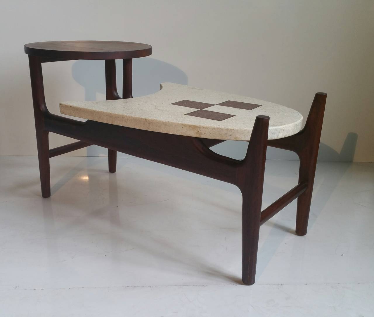 Amazing design, unusual two-tier walnut and inlay terrazzo table. Step end, cocktail, occasional, would enhance any environment.