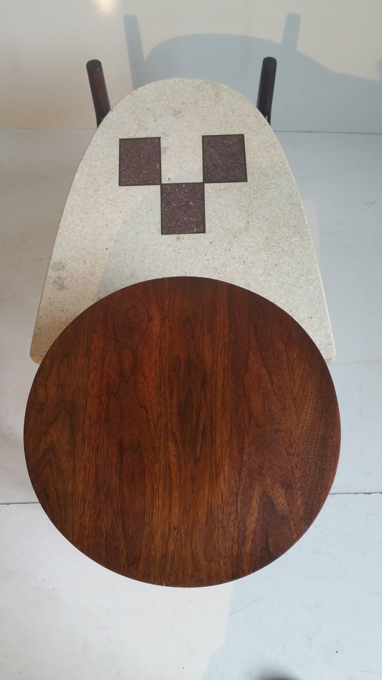 20th Century Rare Two-Tier Terrazzo and Walnut Table For Sale