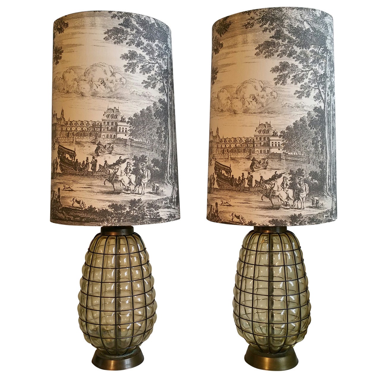 Pair of Blown Glass and Wire Lamps with Original Decorated Toile Fabric Shades