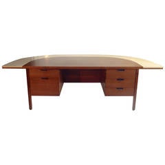 Used Mid-Century Modern Travertine and Walnut Demilune Executive Desk