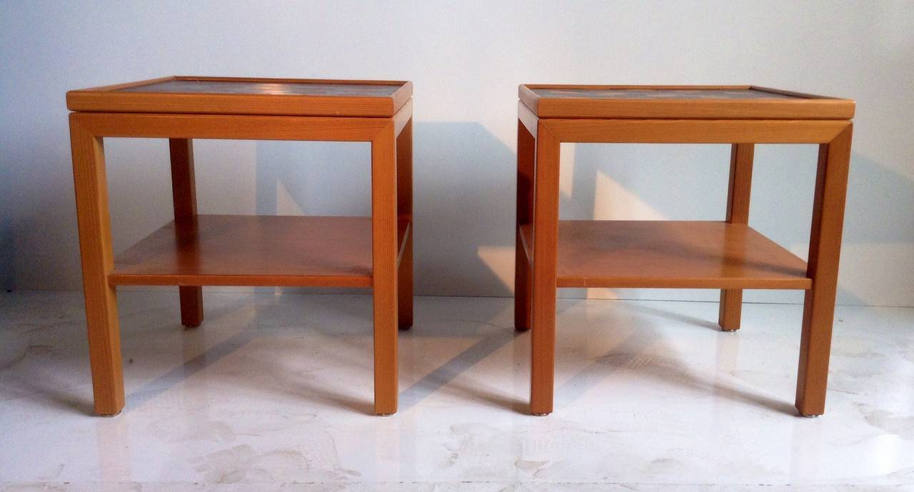 Nice pair of matched tray tables or end tables designed by Emanuela Frattini, solid pearwood, beautiful honey blond finish, custom Spinneybeck Leather hexigon shape patchwork tops. Removable top for serving, amazing quality and design.