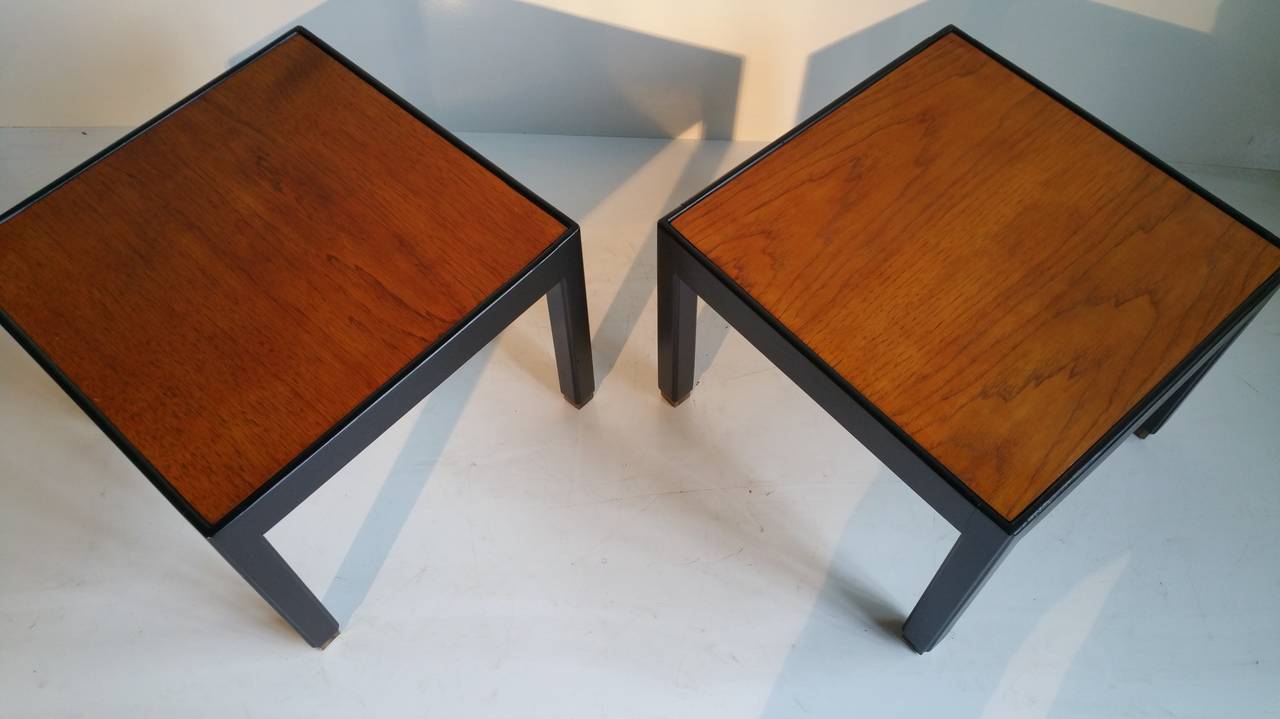Classic Mid Century Modern End Tables or Stands. All original finish, black lacquer with accent brass feet and walnut tops,. Sleek, simple, elegant design.Manner of Harvey Probber.