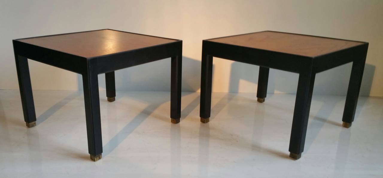 Lacquered Pair of Modernist Black Lacquer and Walnut Side Tables or Stands