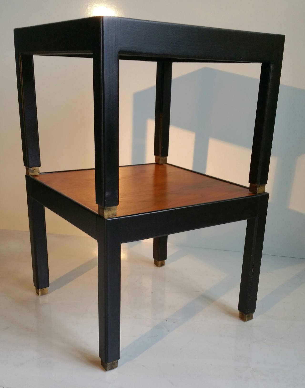 Pair of Modernist Black Lacquer and Walnut Side Tables or Stands 1