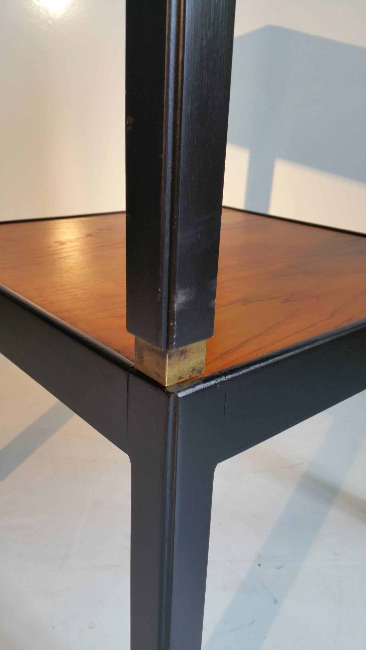 Brass Pair of Modernist Black Lacquer and Walnut Side Tables or Stands