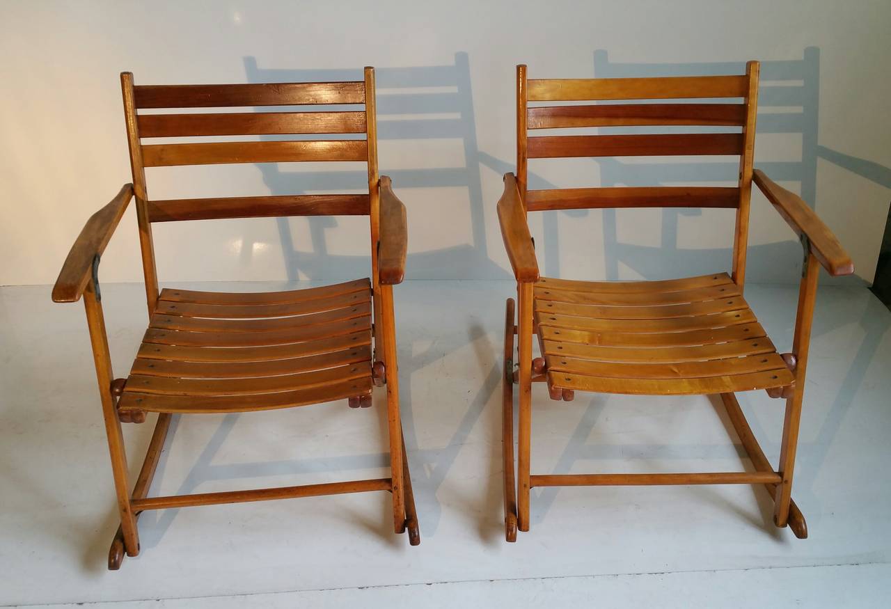 American Pair of Modernist Folding Slatted Rocking Chairs by Telescope Folding Chair Co.