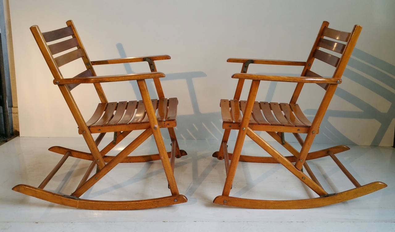 Pair Of Modernist Folding Slatted Rocking Chairs By Telescope