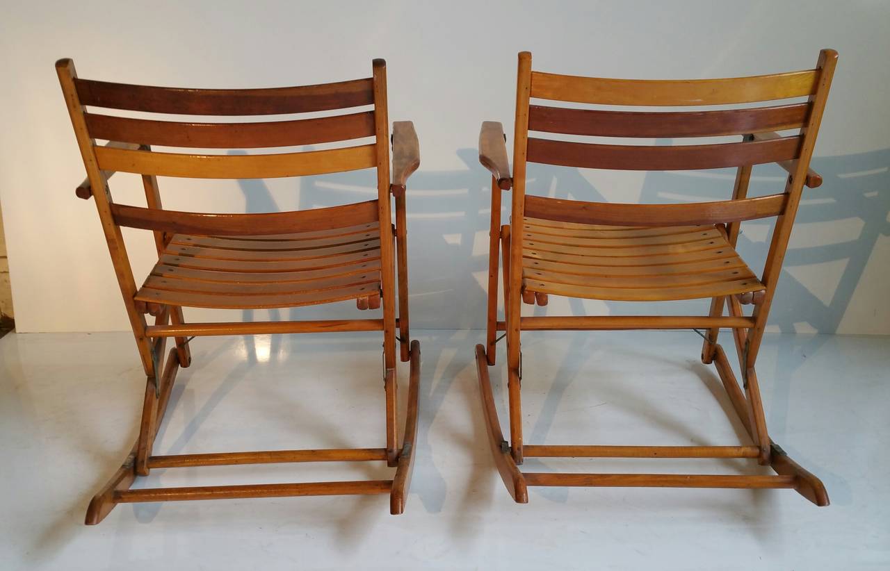 Mid-Century Modern Pair of Modernist Folding Slatted Rocking Chairs by Telescope Folding Chair Co.