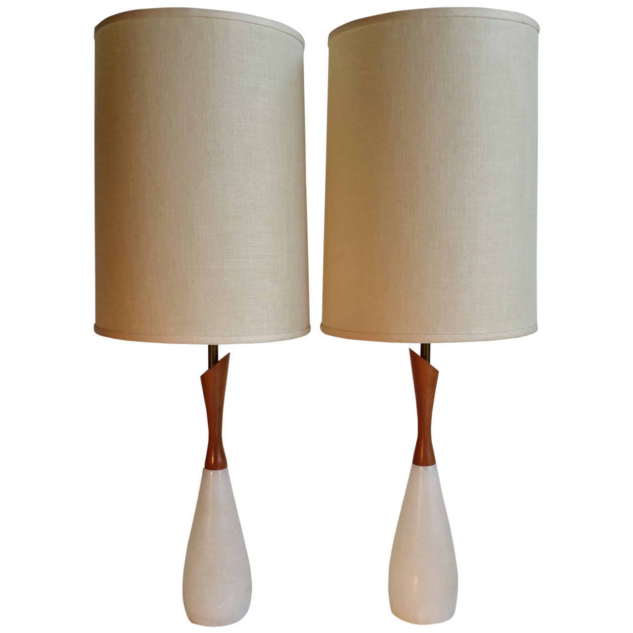 Pair of Quartz and Teak Mid-Century Modern Table Lamps