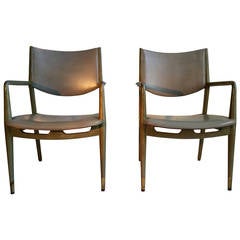 Matching Pair of Modernist Stow Davis Limed Oak and Leather Armchairs