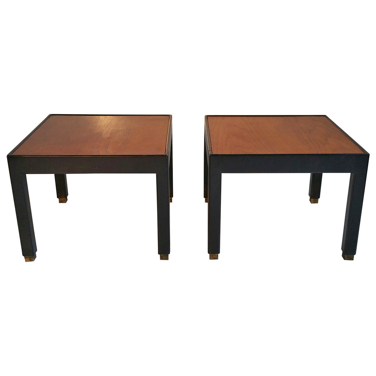 Pair of Modernist Black Lacquer and Walnut Side Tables or Stands