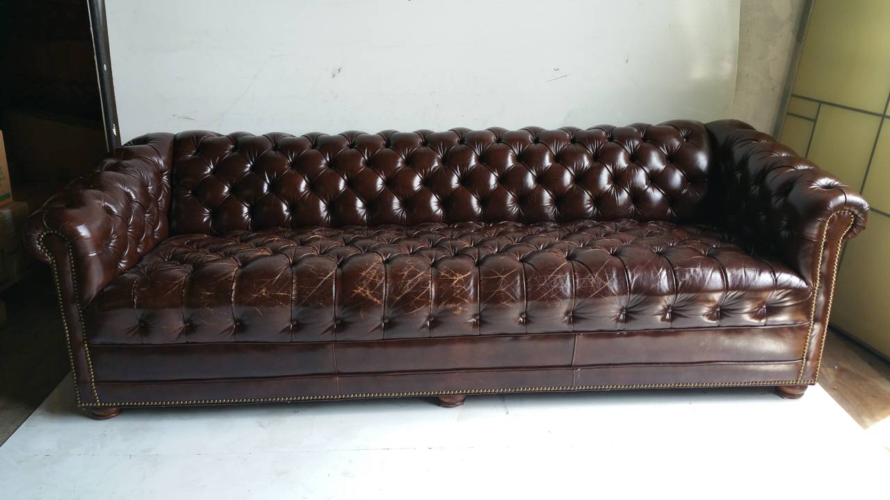 Brown Leather Button Tufted Chesterfield Sofa, Classic 2