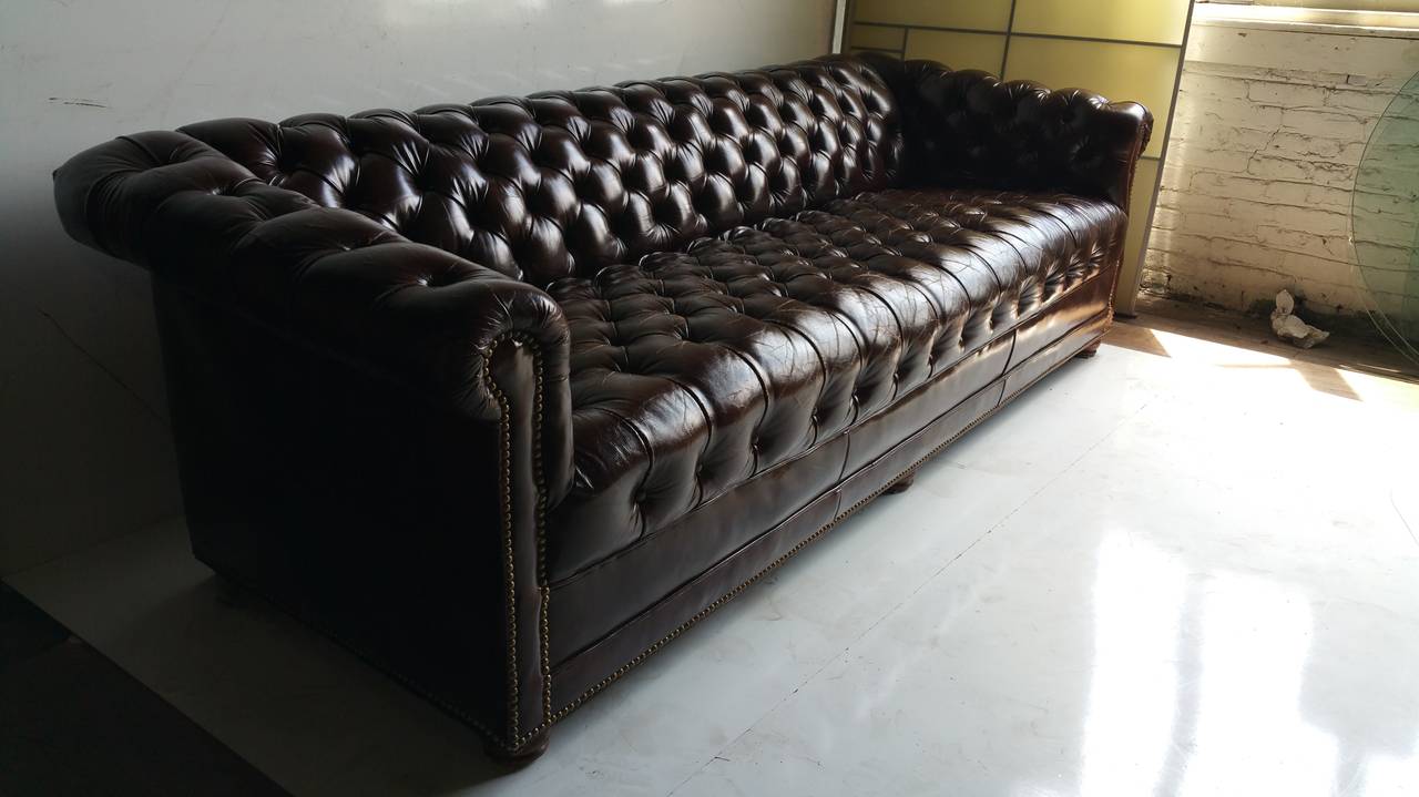 Brown Leather Button Tufted Chesterfield Sofa, Classic For 