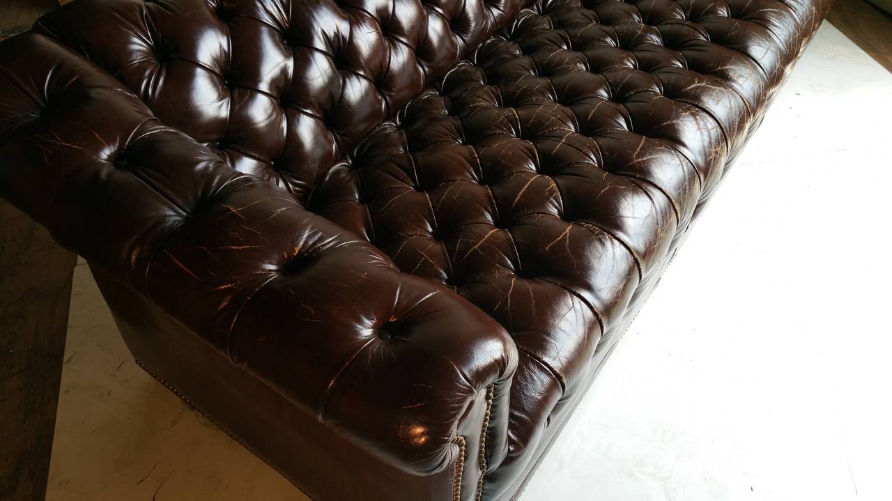 20th Century Brown Leather Button Tufted Chesterfield Sofa, Classic