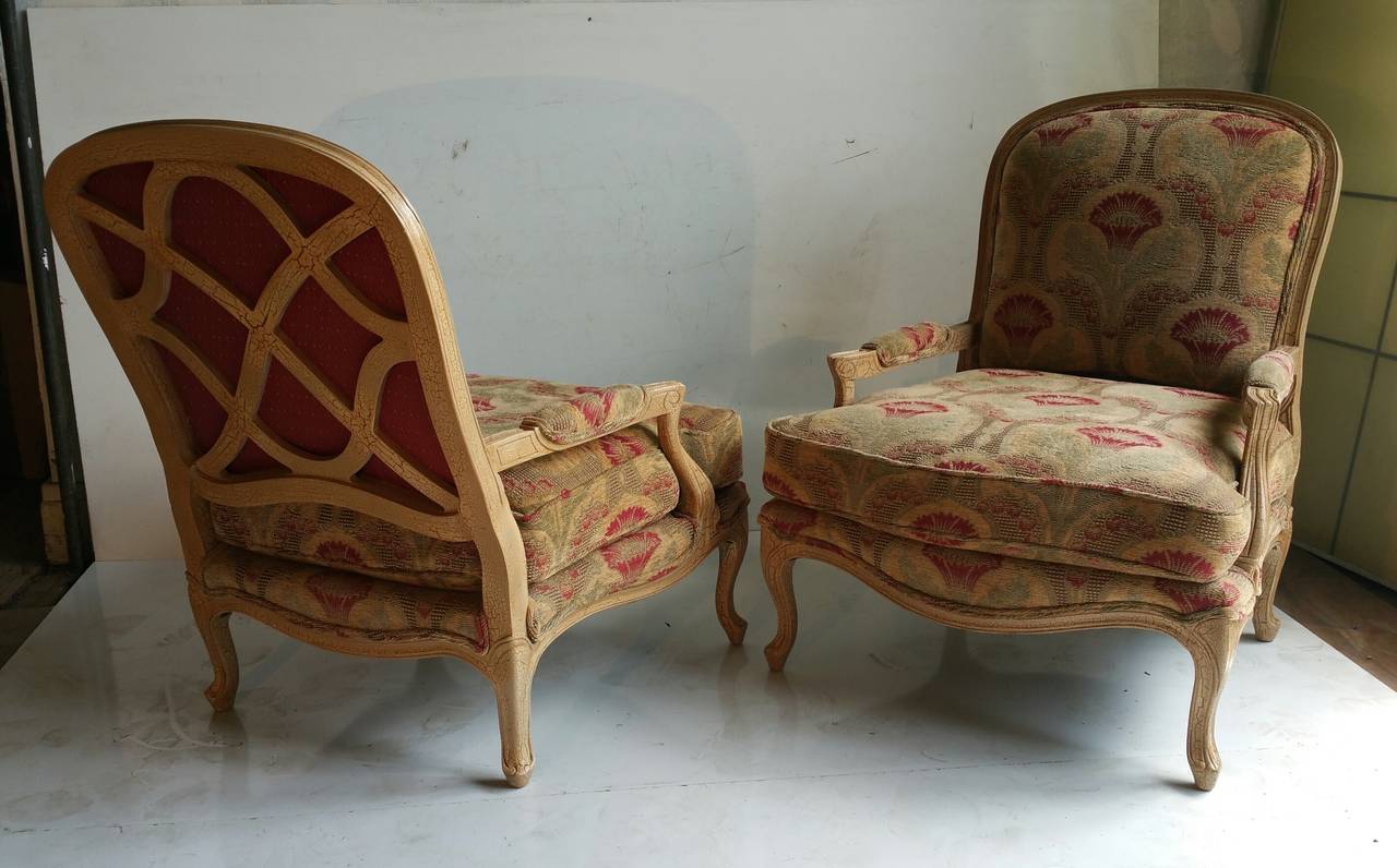 American Oversized Pair of French Bergeres or Lounge Chairs, Drexel Heritage