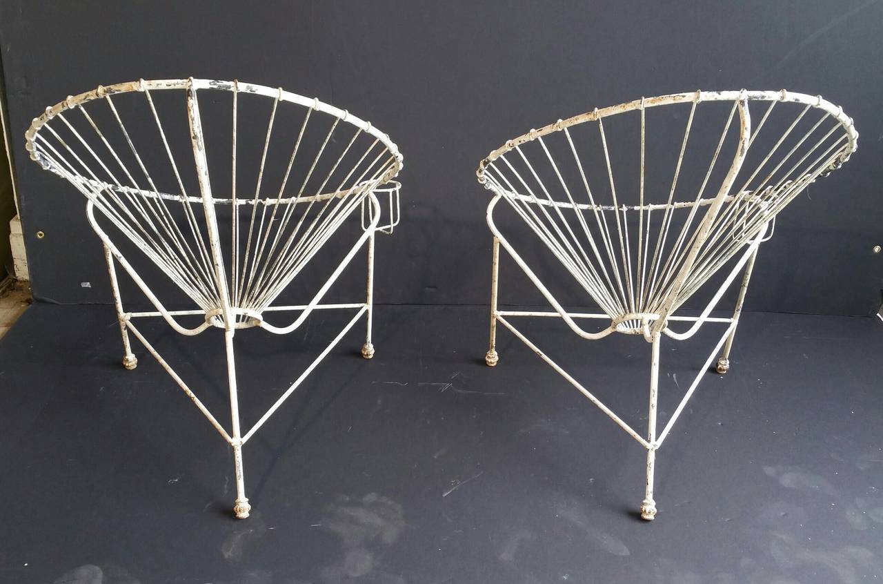 French Pair of Modernist Wire Iron Garden Chairs, Manner of Mathieu Matégot