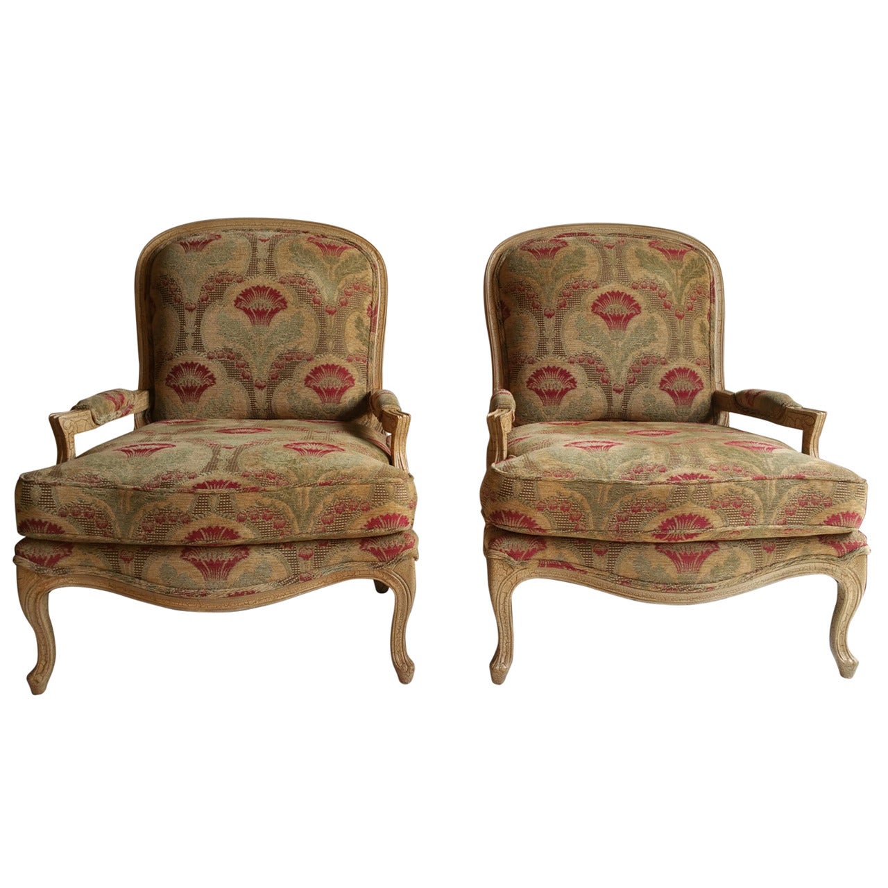 Oversized Pair of French Bergeres or Lounge Chairs, Drexel Heritage