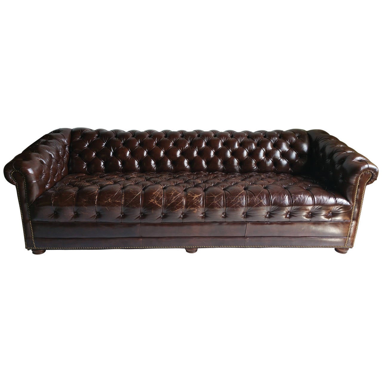 Brown Leather Button Tufted Chesterfield Sofa Classic For Sale At