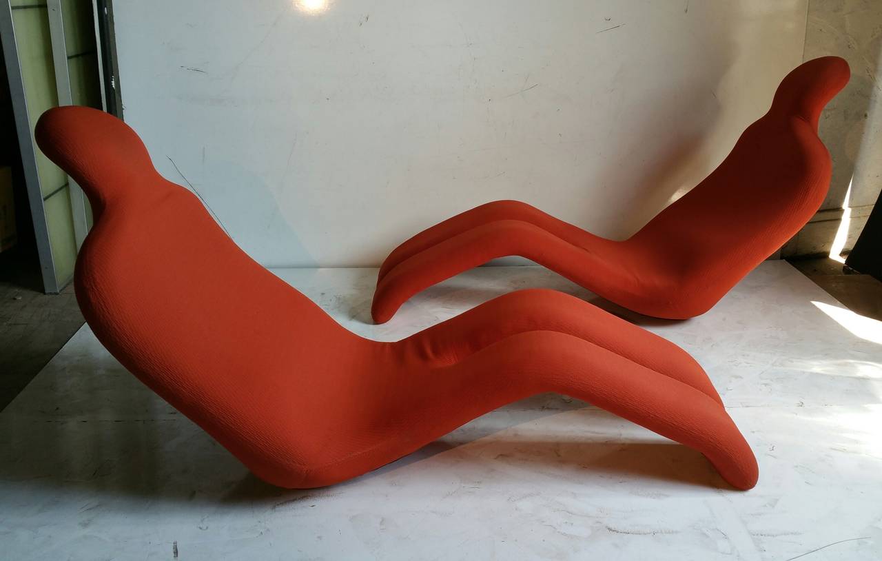 Matching Pair of Original Olivier Mourgue Bouloum Chaise Longues