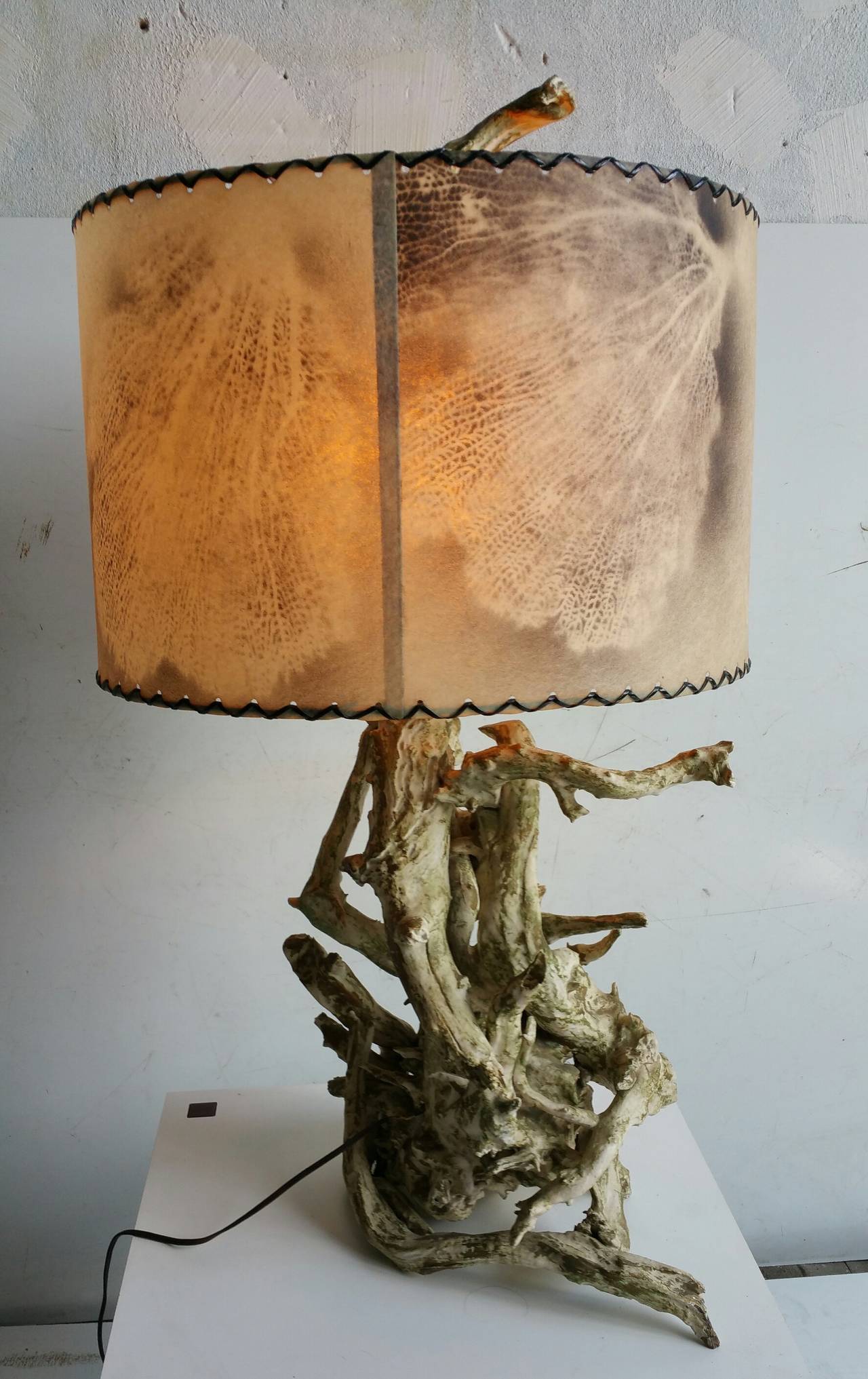 Classic Mid Century Modern Driftwood Lamp..Beautiful painted finish,,Original partchment lamp shade,, Also retains original matching driftwood finial,