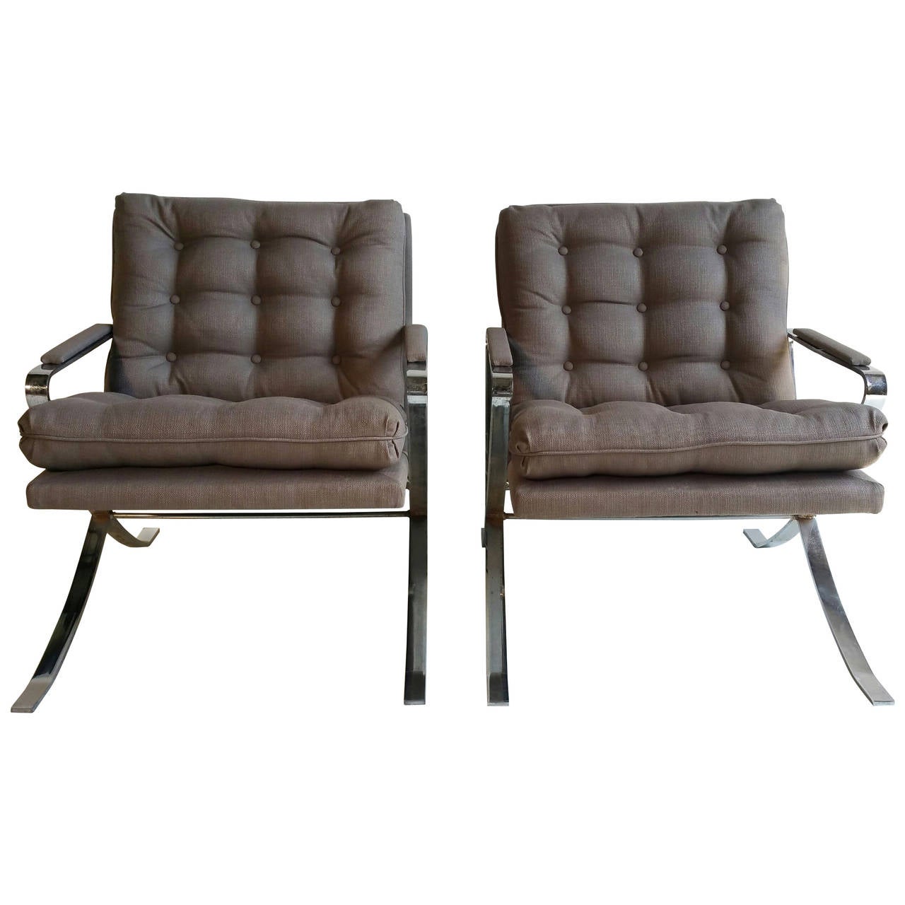 Pair of 1970s Flat Steel Chrome Lounge Chairs, Milo Baughman Inspired