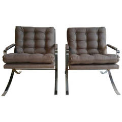 Retro Pair of 1970s Flat Steel Chrome Lounge Chairs, Milo Baughman Inspired