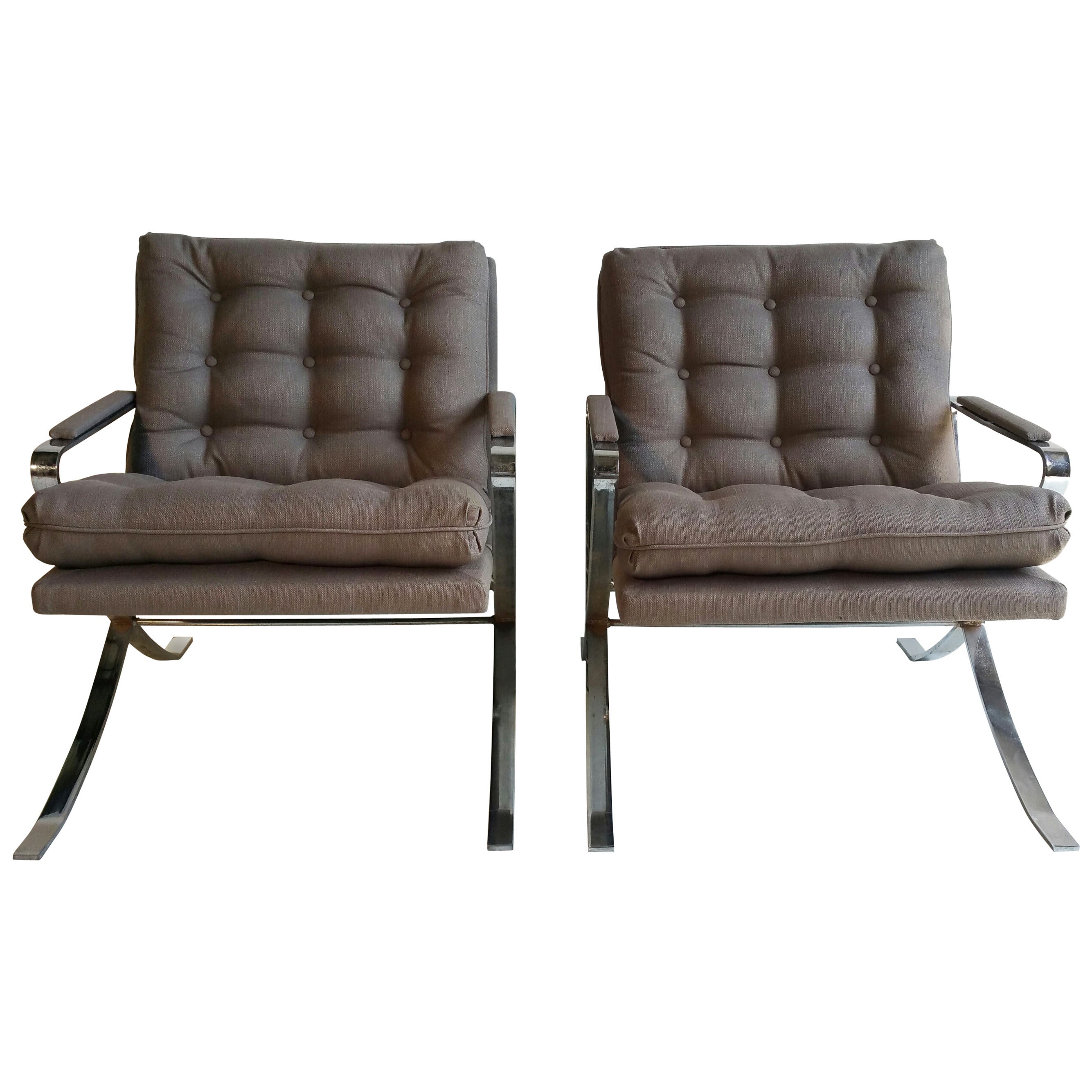 Pair of 1970s Flat Steel Chrome Lounge Chairs, Milo Baughman Inspired