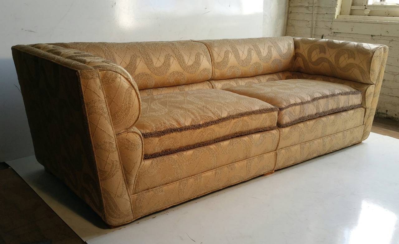 Stunning Art Deco sofa, looks like it came off the set of a Fred Astaire, Ginger Roger's Hollywood set, manufactured by Beachley Furniture Co, Inc., still in business today making quality furniture, great original condition, fabulous deco fabric.