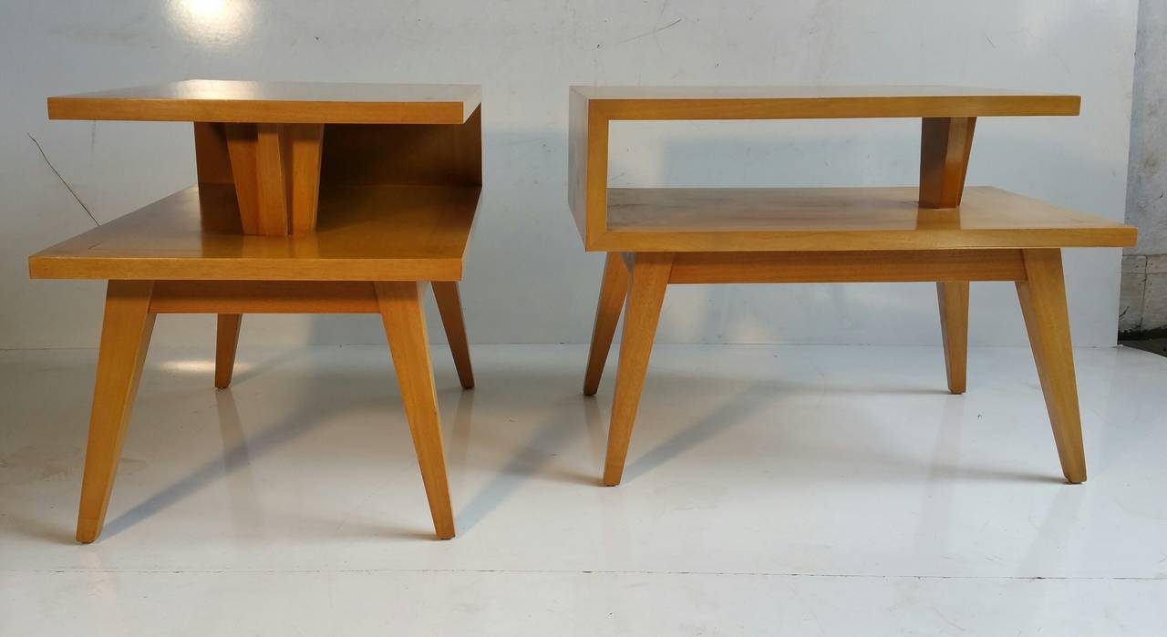 Mahogany Pair of Mid-Century Modern End Tables, Architecturally Designed, Red Lion