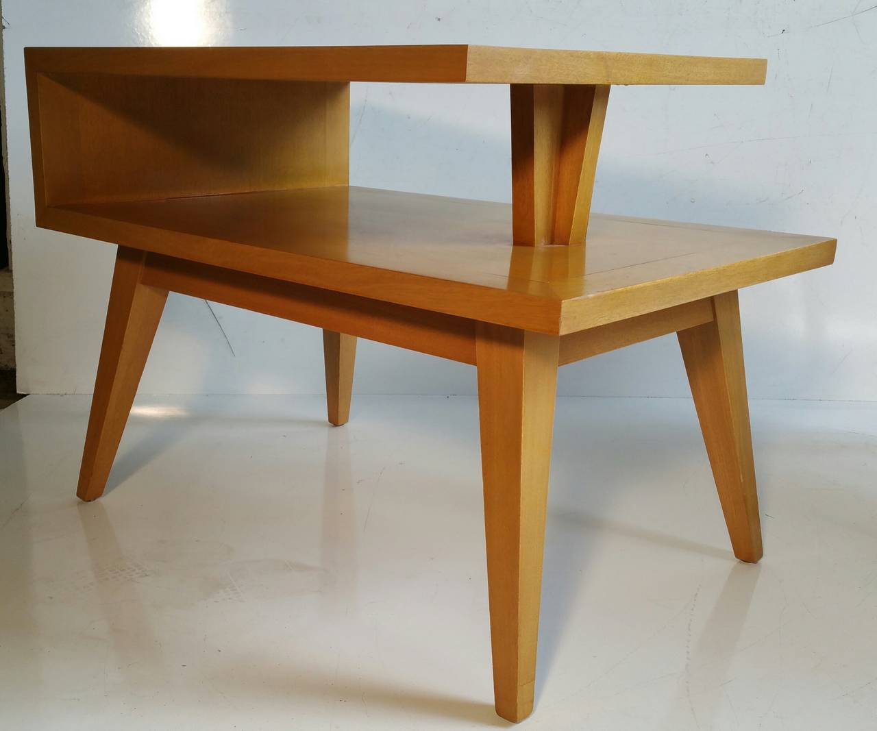 Pair of Mid Century Modern End Tables. Architecturally Designed,Red Lion Table Company. Blonde ribbon mahogany, Superior quality, Mitered corners.