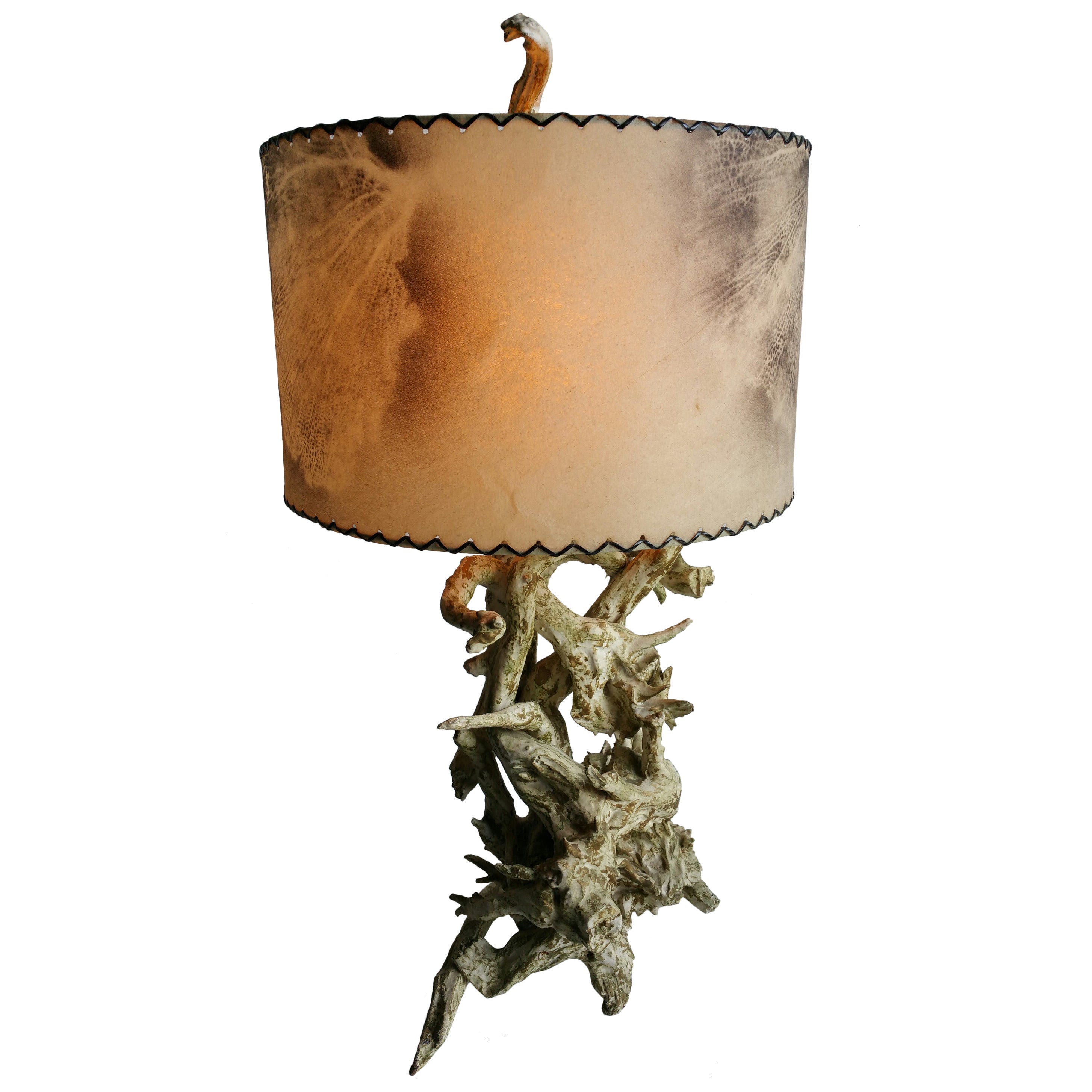 Mid-Century Modern Driftwood Lamp with Original Air Brushed Parchment Shade