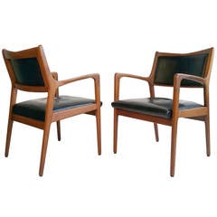 Matched Pair of Walnut and Leather Arm Chairs, Mid-Century Modern