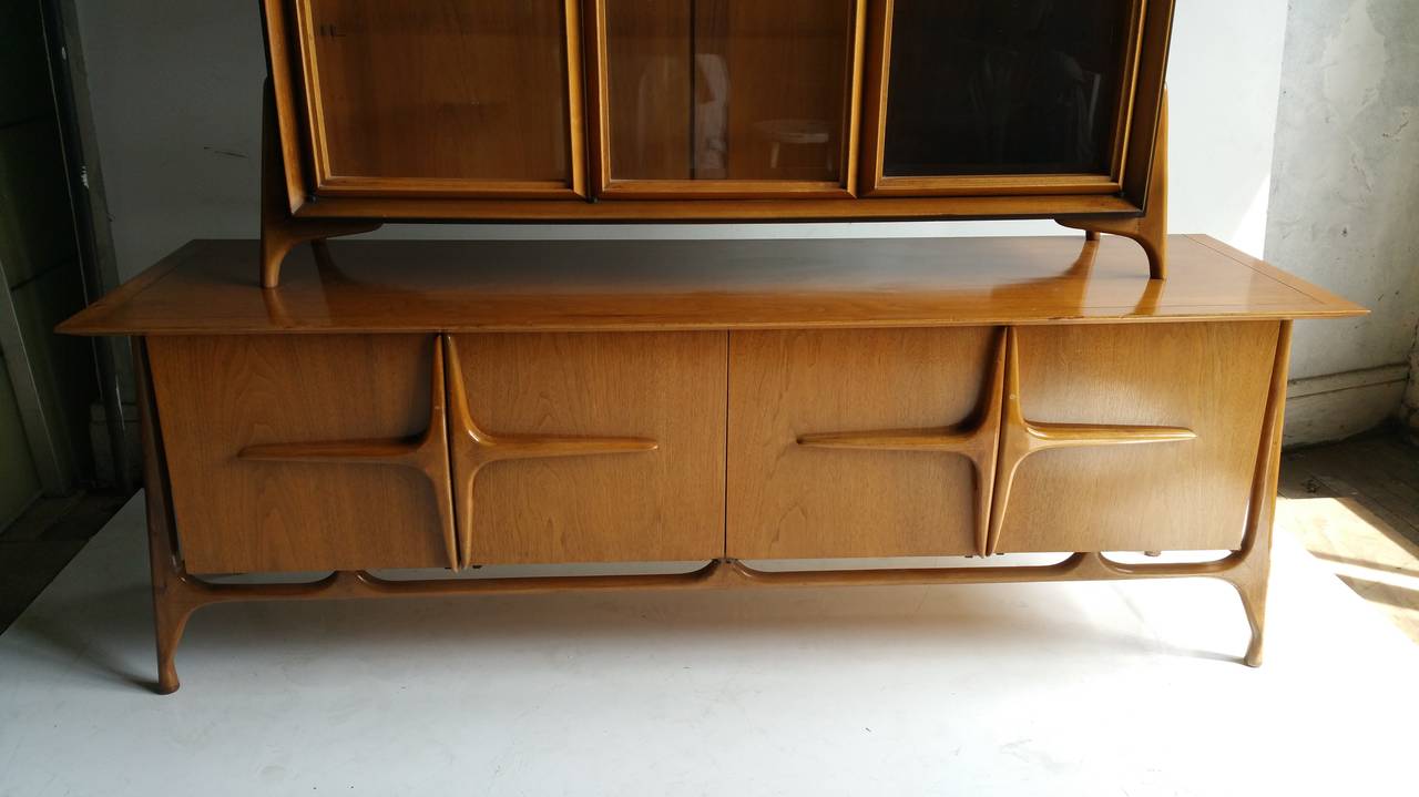 Wood Modernist Sculptural Sideboard with Top Cabinet For Sale