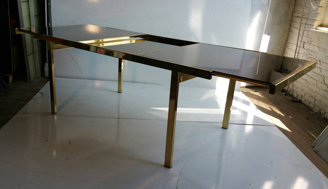 Expandable Mastercraft Brass And Smoked Mirror Dining Table At Hollywood Regency Expandable Mastercraft Brass And Smoked Mirror Dining Table